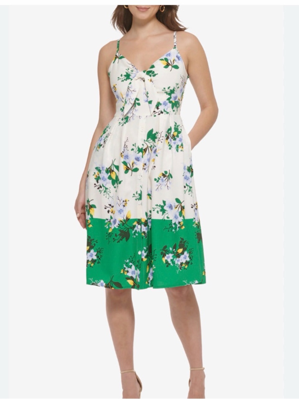 Kensie Ivory Floral Tie-Front Sundress w/Blue, Green, Yellow, pinup vintage
